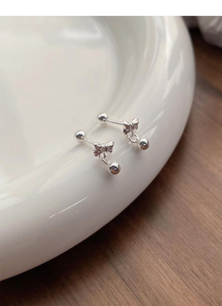 S999 Sterling Silver Small Bow Bead Stud Earrings for Women - Simple, Sweet Jewelry