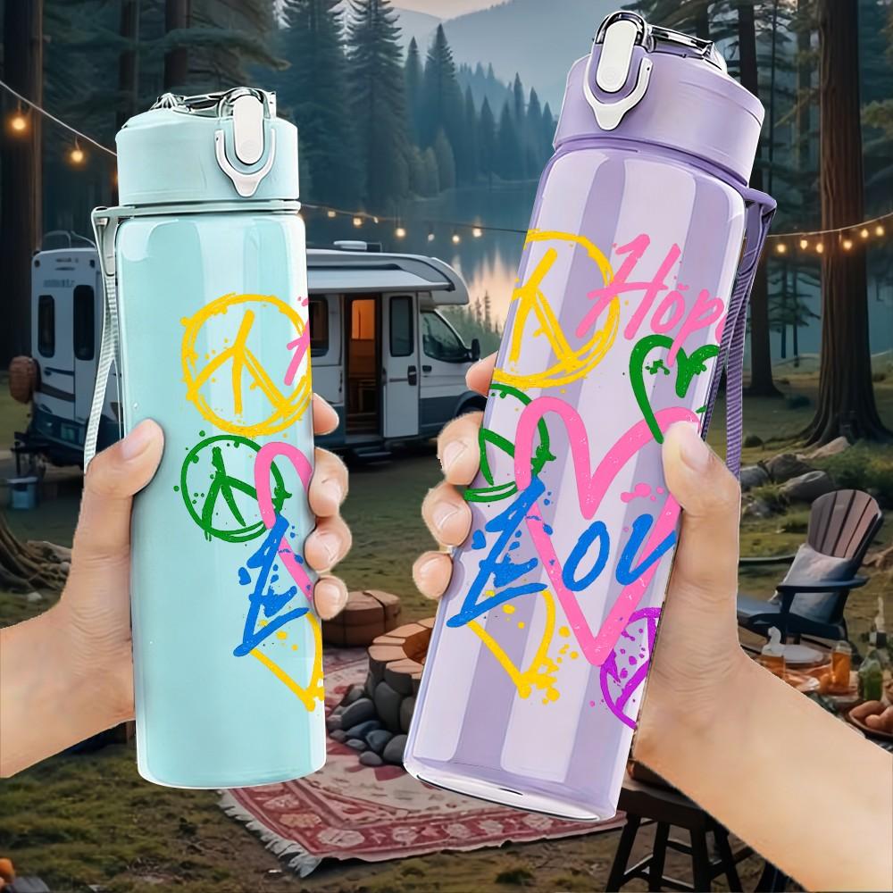 1PC Hope Love Peace Colorful Letter Print 750ml Color Plastic Sports Water Bottle Leakproof Flip Straw Lid Suitable for Sports Office Home Use