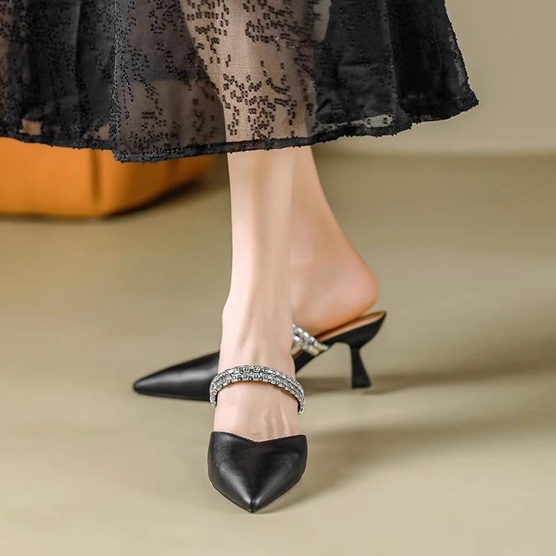 

Баотоу полушлепанцы лето новые туфли на высоком каблуке прохладные шлепанцы туфли с острым носком и стразами шлепанцы на толстом каблуке женская уличная обувь 40 чёрный