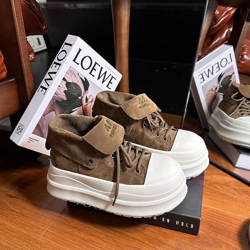 New Matte Lapel Two Wear Lace-up Thick-soled Muffin Niche Board Shoes Women's Casual High-top Shoes Women's Shoes