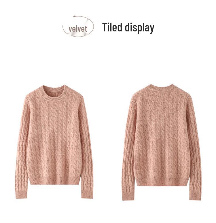 Cashmere Women's Round Neck Cable Knit Sweater - 2025 Autumn/Winter Retro Loose Slimming Pullover.