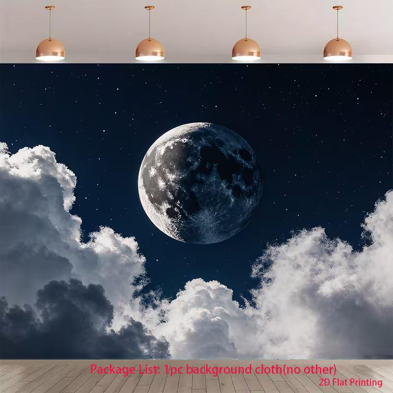2D Night Sky Moon Wall Hanging - Realistic Moon & Cloud Background Cloth