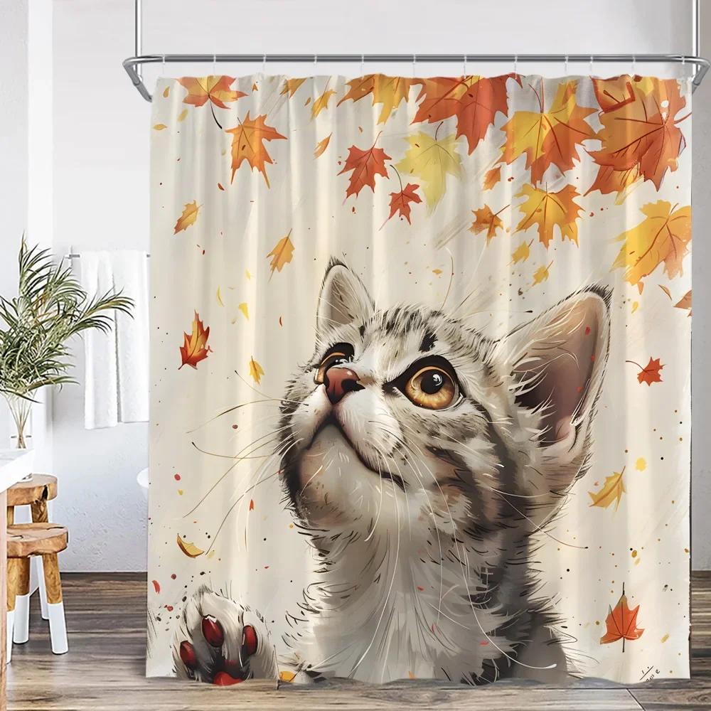 Cute Cat Shower Curtain Flower Cartoon Animal Sunflower Plant Floral Bathroom Home Decor Modern Polyester Bath Curtain with Hook