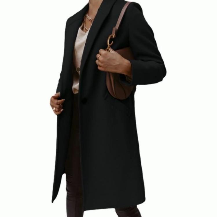 Coat Women Solid Color Mid Length Design Woolen Lapel Button Down