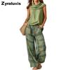 New Retro Casual Fashion Women's Sleeveless Top and Plaid Pants Set