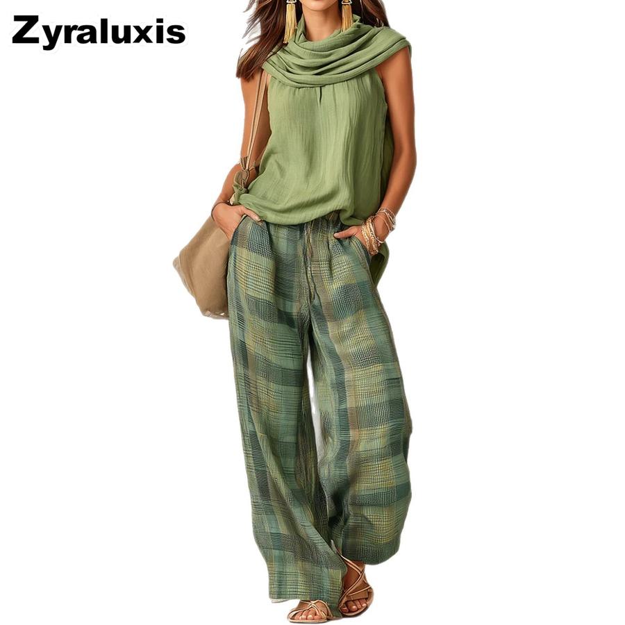 New Retro Casual Fashion Women's Sleeveless Top and Plaid Pants Set