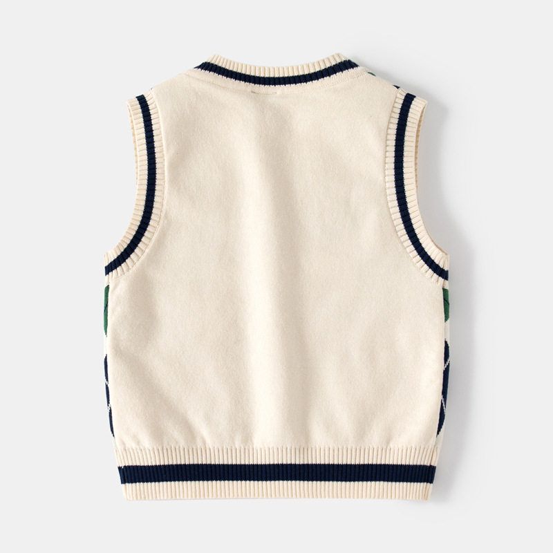 Spring and Autumn Rhombus Vest V-neck Top Wool Children's Clothing