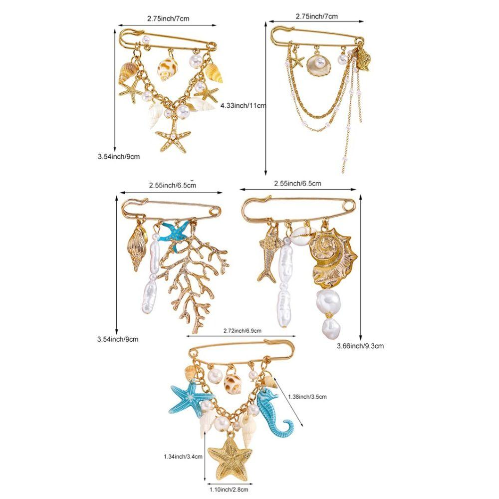 Gold Color Shell Pendant Brooch Metal Chain Tassel Starfish Brooch Pin  Beach Vacation