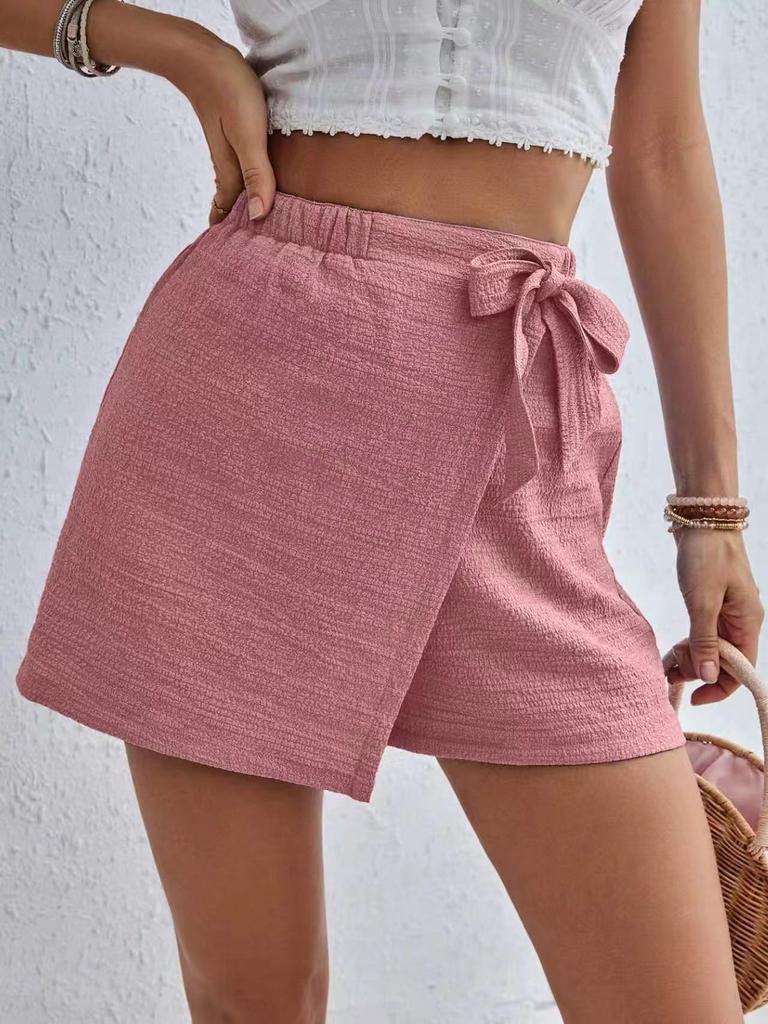 Solid Color French High Waist Shorts with Comfortable Bow Decoration