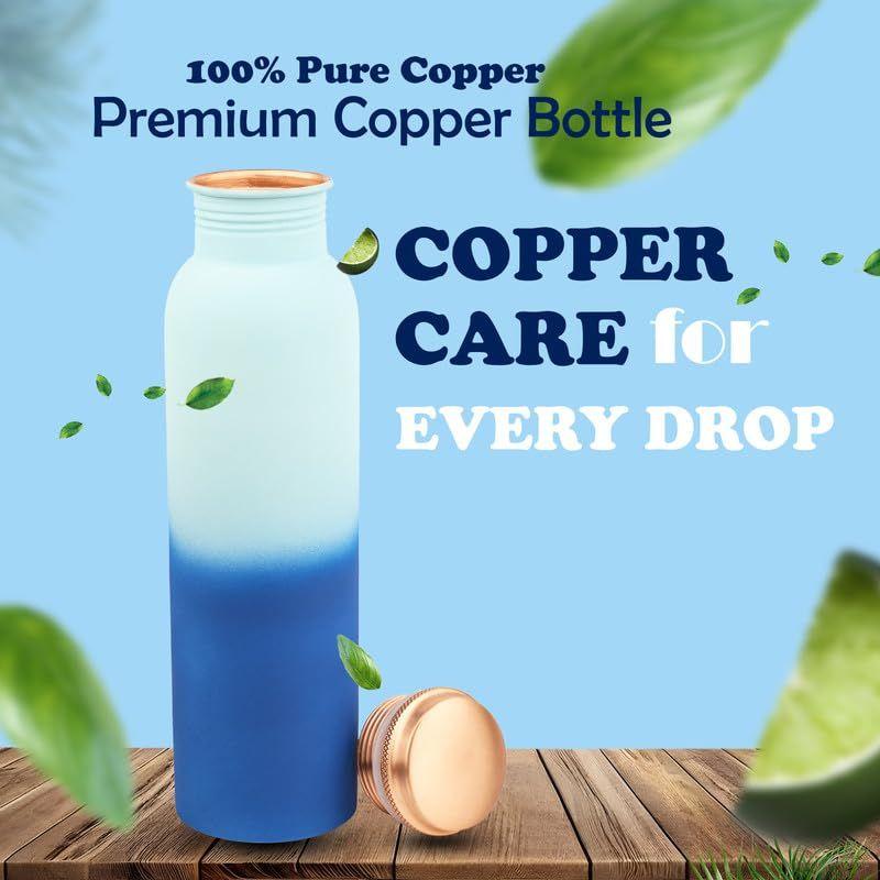 Pure Copper Water Bottle 950 ML - Jointless, Leakproof, Double Printed Design Best Gifts for Family and Friends| Light & Dark Blue - Set of 2