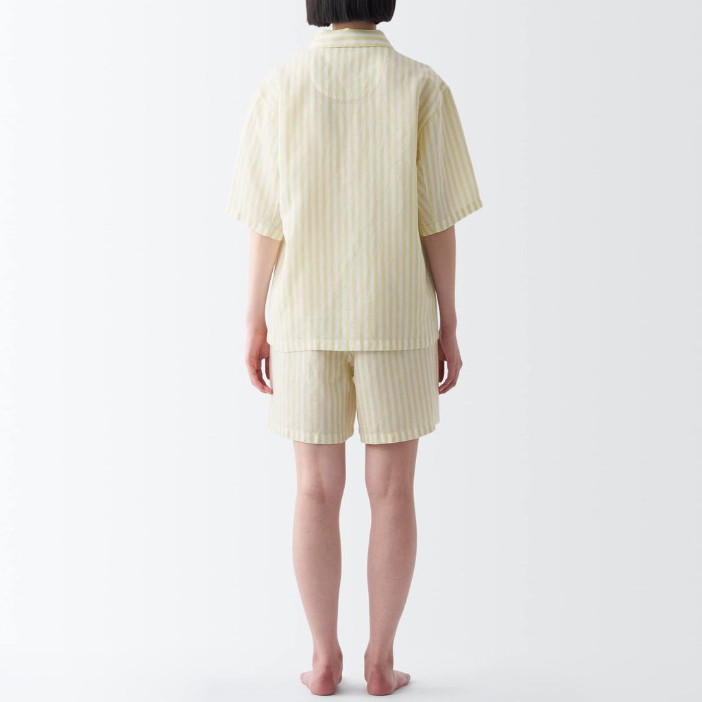 MUJI Natural Lyocell Linen Pajamas FDB06A3S Light Yellow Stripe Size S Cool-to-the-Touch Short-Sleeve Women's