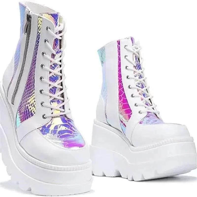 Platform Ankle Boots for Women Designer Goth Punk Cool Motorcycle Shoe Side Zipper Lace Up Ladies High-Top Cowboy Botas Size 43