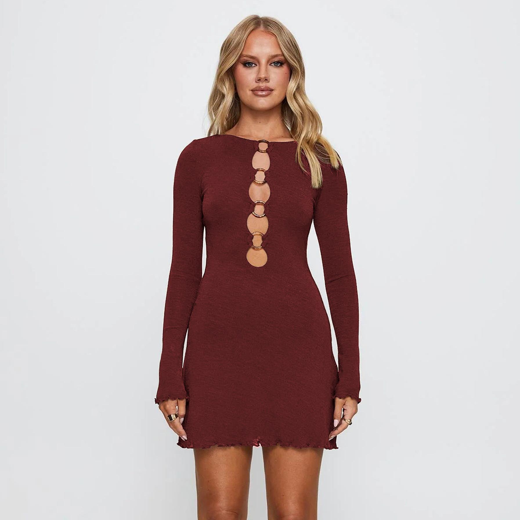 

Женское сексуальное мини-платье бодикон с вырезами, соединенное кольцами, облегающее, с длинными рукавами, присборенное, с оборкой по подолу, вечернее короткое платье XL вино красного
