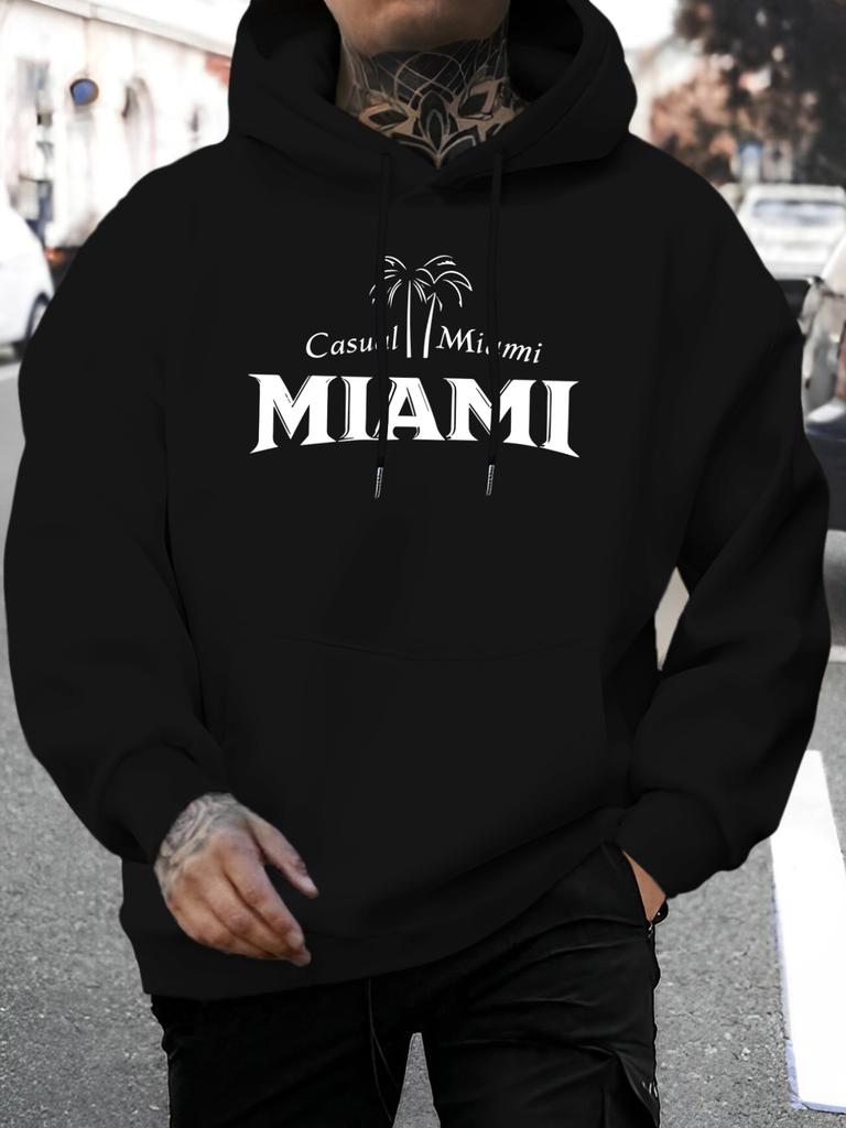 2026 Music Festival Summer New Arrival Unisex Casual Versatile Style Fashion Hoodie with Tropical Print Combining Palm Trees and "MIAMI" Lettering, L
