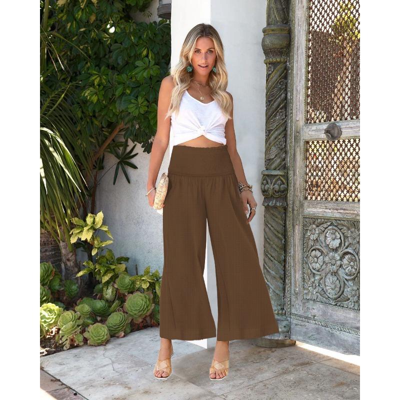Summer Women's Pants Solid Colour High Waist Drawstring Trousers Casual Cotton Linen Pants Cropped Pants