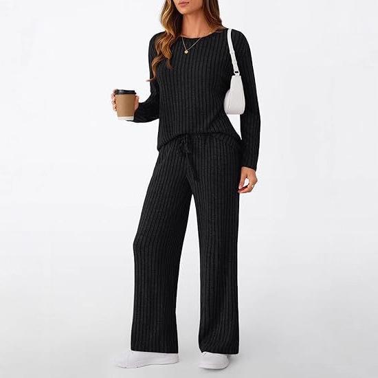 Cross-border two-piece set women's 2025 autumn new fashion casual straight-leg pants temperament loose V-neck pit strip knitted cover