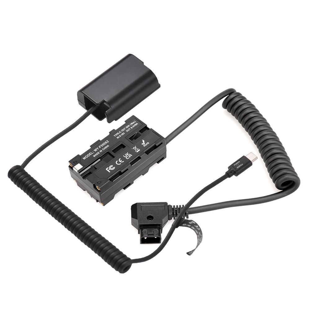 D-Tap To Dual-sided NP-F550 Dummy Battery + Type-C To DMW-DCC17 Dummy Battery Coiled Cable DC