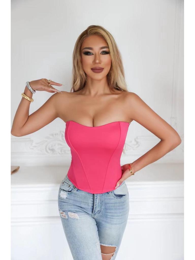 European & American Style High Waist Fishbone Tube Top with Breast Pads for Women