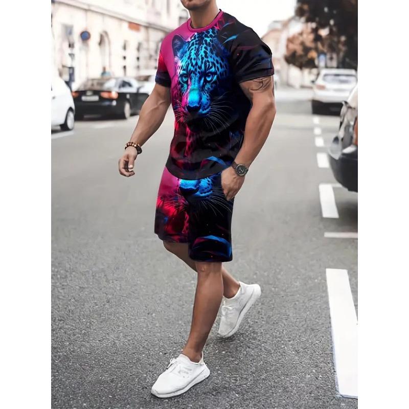 Lion Graphic Print T-shirt Shorts 2-piece Set Men's Short Sleeve Drawstring Waist Shorts Set Breathable Men's T Shirts Clothing