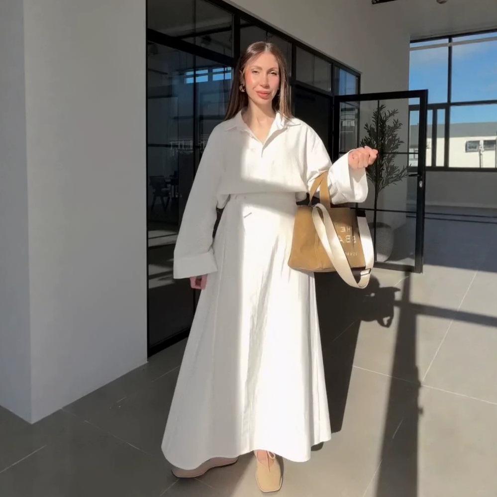 European and American women's clothing new elegant intellectual style solid color long-sleeved shirt high waist wide swing skirt set