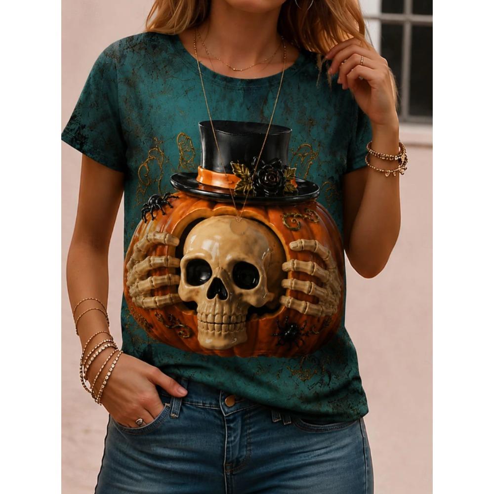 Moda Donna Retro Creativo Stampa Testa di Zucca Maglietta Divertente Casual Girocollo Maniche Corte T-shirt Estiva Femminile Maglietta Edizione Limitata Halloween