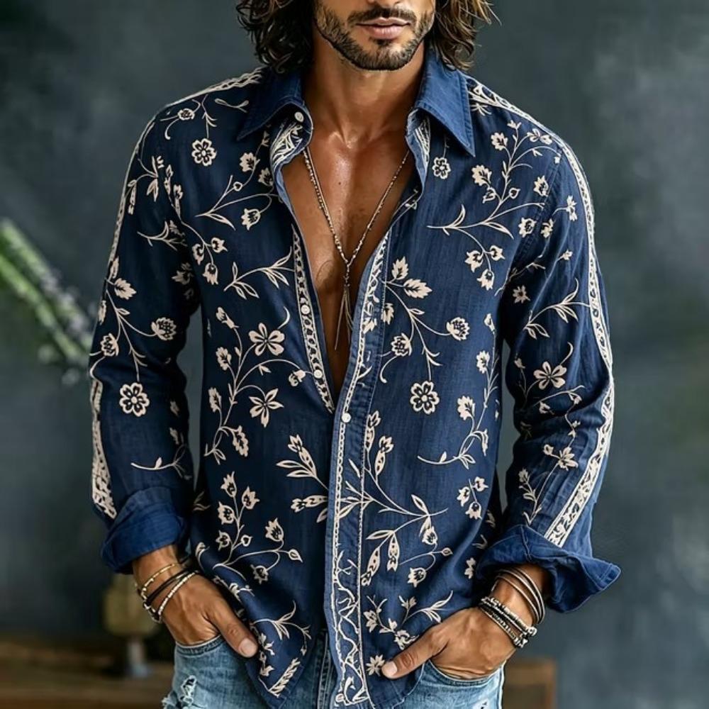Men's Artistic Wildflower Herbal Long Sleeve Shirt in Rice White Same Color Plant Printed Collar Casual Shirt