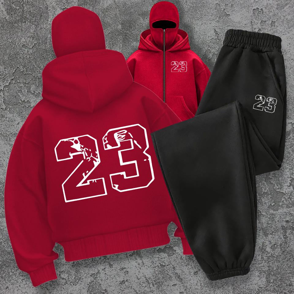 

Мужской и женский повседневный свитшот на молнии с двойным капюшоном и комплект, уличные брюки, свитшот с креативным принтом числа «23» XXXL