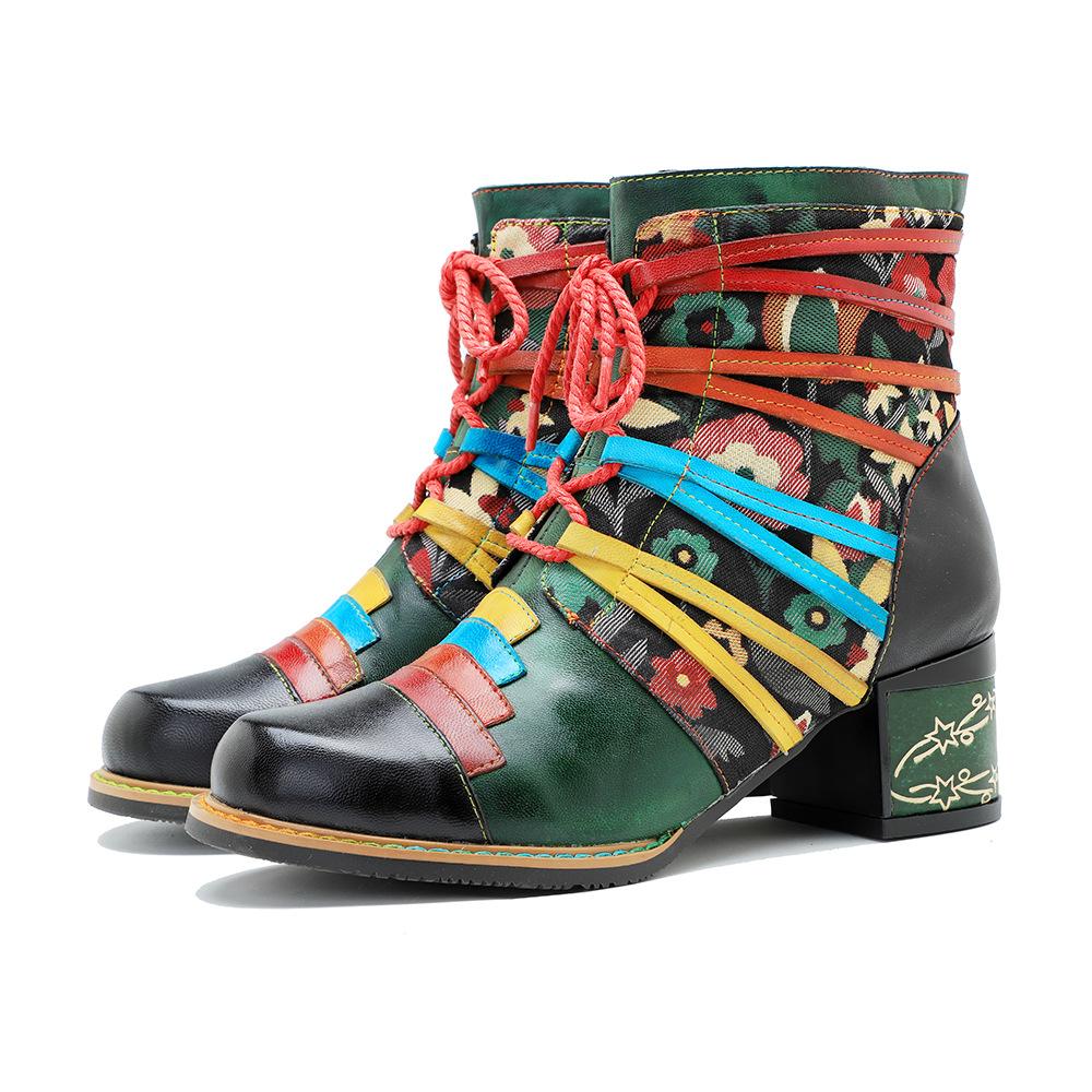 Johnature Genuine Leather Printed Patchwork Color Strapping Thick Heeled Women's Short Boots Mixed Colors Shoes