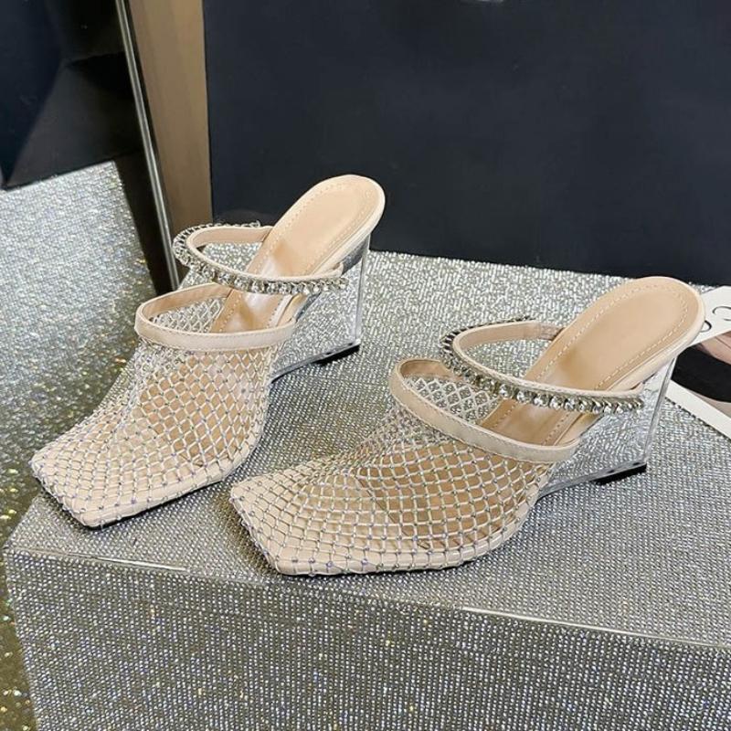 

Fashion Luxury Mesh Rhinestone Wedges Slippers Women Comfort Square Toe Slingback Slide Sandals Zapatos De Fiesta Elegantes Para Mujer 40 абрикосовый