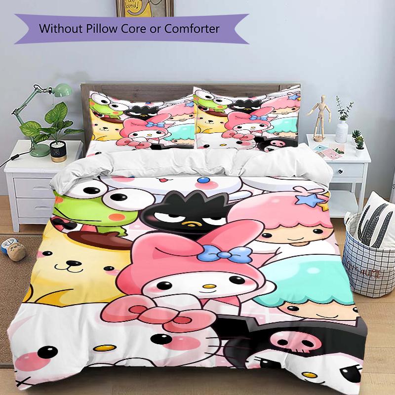 3pcs My Melody & Friends Quilt Cover Set (1 Quilt Cover + 2 Pillowcases Without Pillow Core), High-Definition Printing for Home and Dormitory.W06