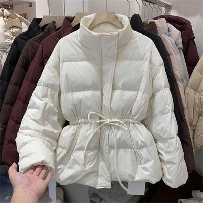 Casaco de Inverno Feminino Estilo Europeu com Penugem de Pato Branca, Cordão Ajustável, Gola Alta e Mangas Longas