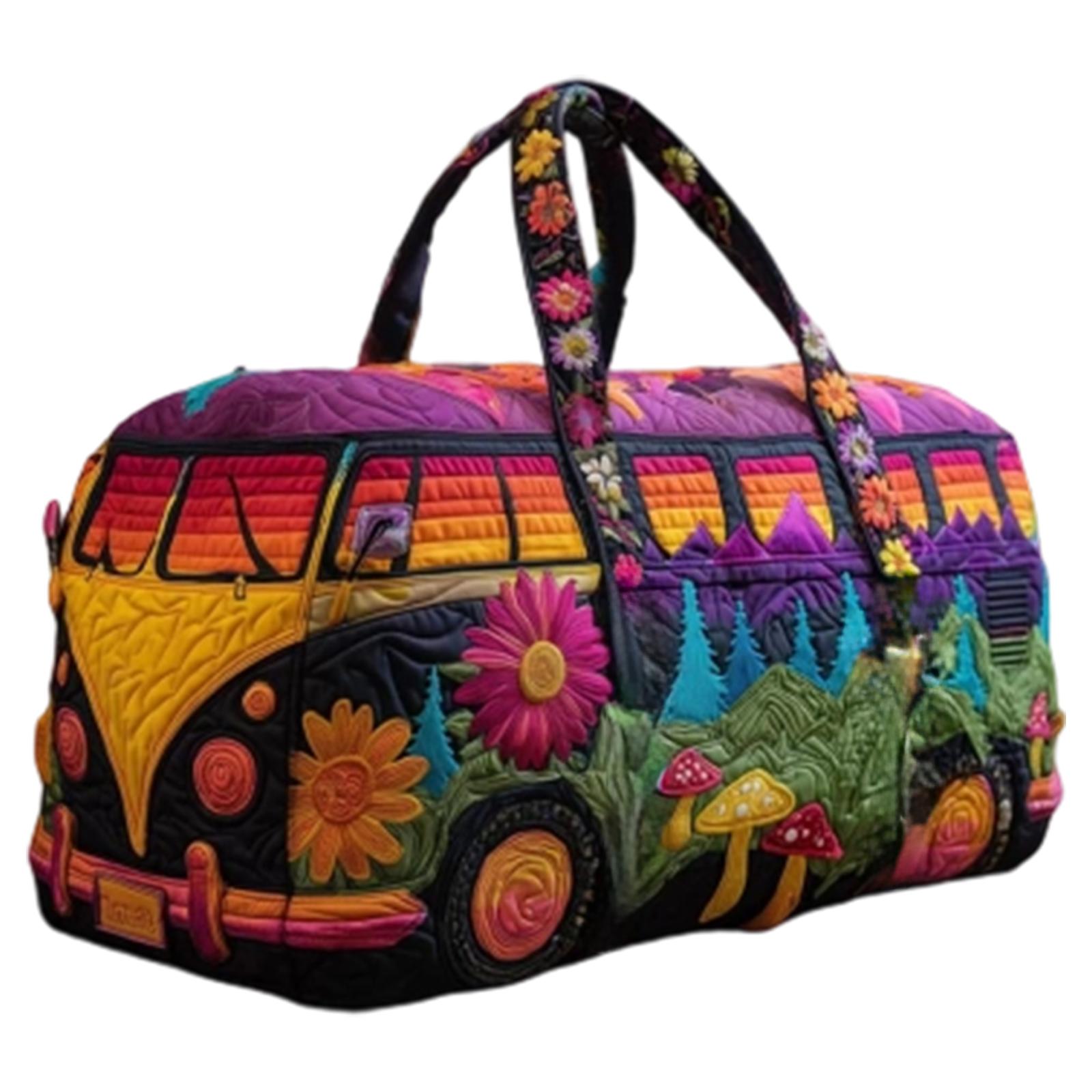 Gesteppte Reisetasche mit Bus- und Naturmuster, großes Fassungsvermögen, Reisetrolley mit gesticktem Blumen- und Designmuster für Damen und Herren One Size black