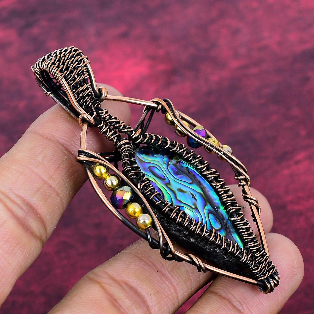 Abalone Shell Pendant Handmade Natural Gemstone Pendant Copper Wire Wrapped Jewelry