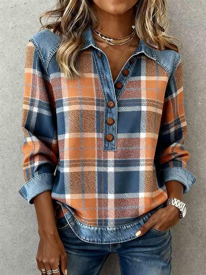 2025 European Style Knit Lapel Long Sleeve Women's Shirt - Versatile Casual Patchwork Denim for Autumn/Winter