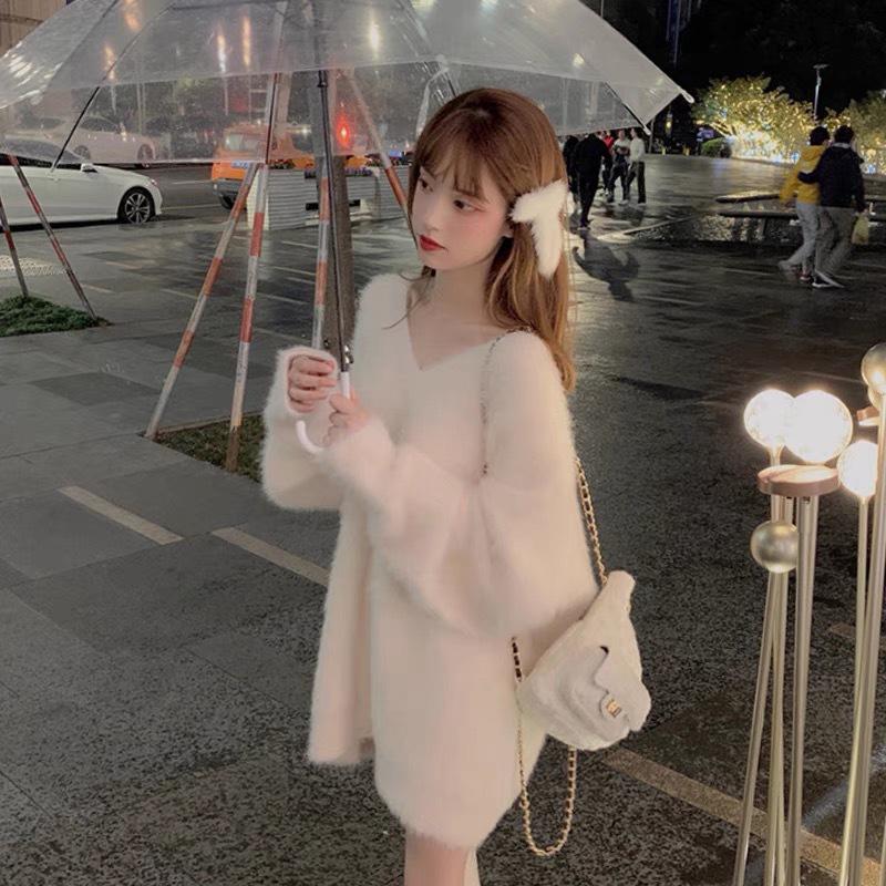 Women's Imitation Mink V-Neck Sweater - Spring & Autumn Korean Sweet Lazy Style, Soft & Plus Size Knitted Sweater