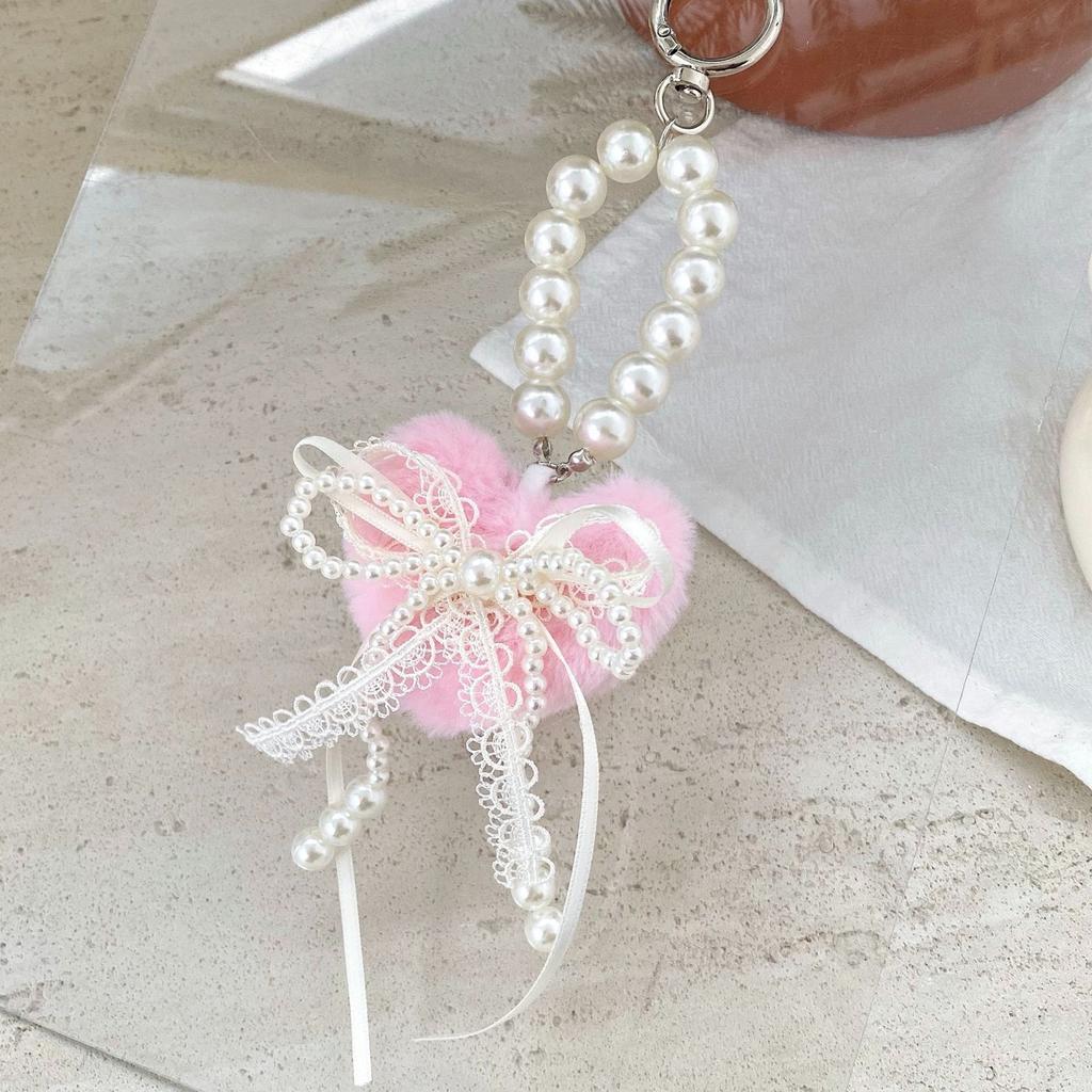Lovely Heart Shaped Fluffy Keychain with Lace Pearls Detail Decorative Bowknot Bag Charm for Women Girls Gift