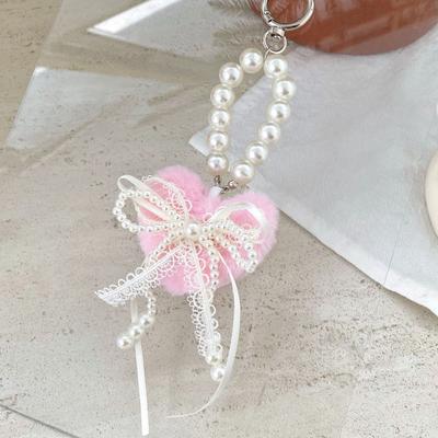 Lovely Heart Shaped Fluffy Keychain with Lace Pearls Detail Decorative Bowknot Bag Charm for Women Girls Gift