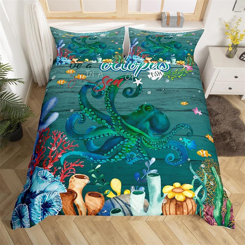 Dolphin Duvet Cover Nautical Sea Animal Bedding Set Underwater World Fish Sealife Quilt Cover Coral Reef Seaweed Queen Bed Set