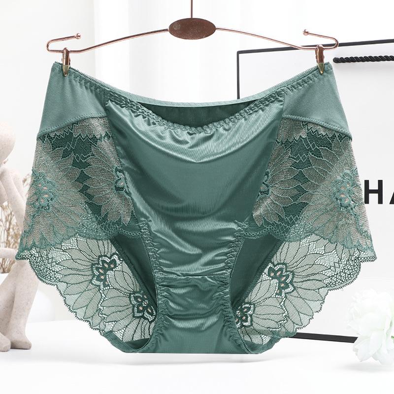 Modal Satin Lingerie Silky Triangle Underwear Sexy Lace Underpants Pure Cotton Mid Waist Briefs Plus Size Panties