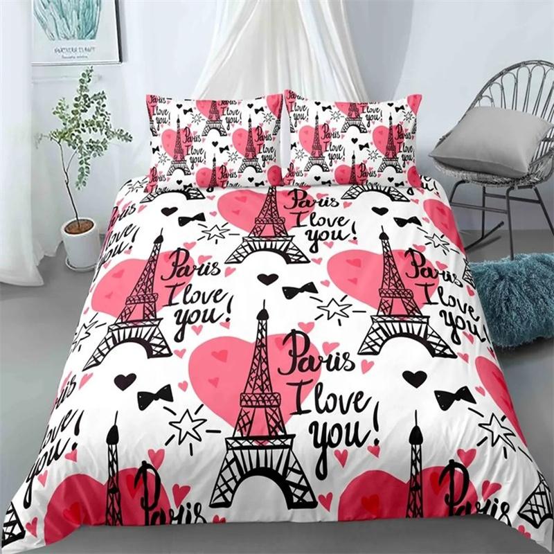 Paris Tower Duvet Cover Famous Buildings In France for Women Men Adults Pink Romantic Bedroom Decoration Polyester Quilt Cover