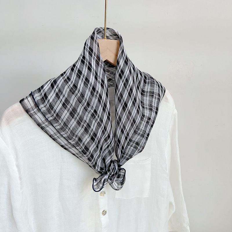 Retro Small Plaid Linen Square Scarf Literary And Versatile Women'S Summer Neck Protection Small Silk Scarf Scarf Accessories