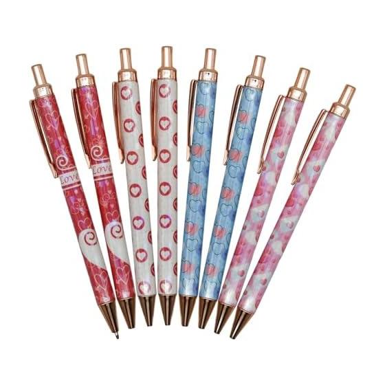 Maydahui Stylish Color Heart Click Ballpoint Pens Set of 8, 1.0mm Black Ink Cute Love Wing Pens for Writing, Women, Kids, Students, Christmas,