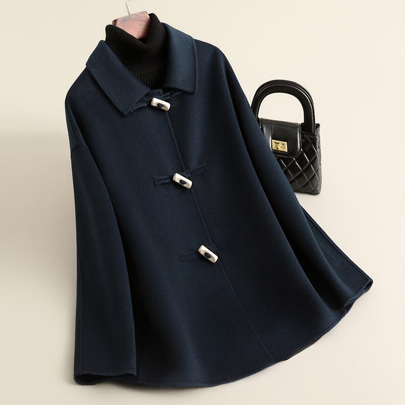 Autumn horn button woolen coat female college style small medium and long woolen coat high-end female
