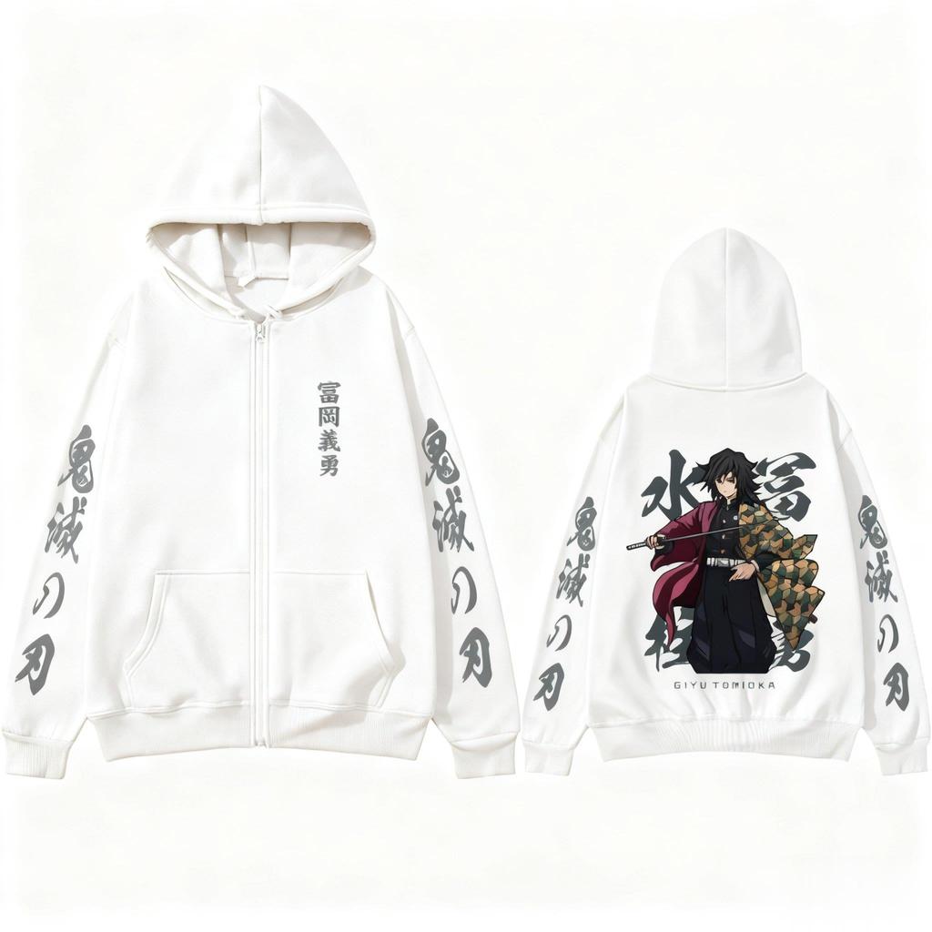 Demon Slayer Tomioka Anime Hoodie Zip Up Graphic Hooded Jacket Streetwear Autumn Sweatshirt Pullover Long Sleeve Top