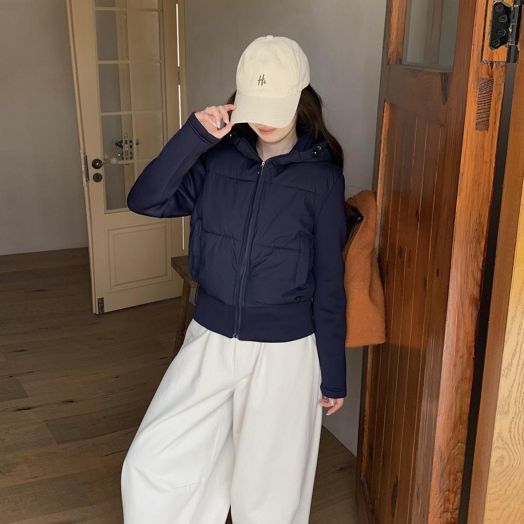Autumn and winter new European and American style hooded waist fashion cotton jacket light and thin hooded splicing coat