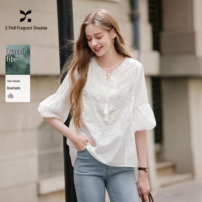Xiangying French Style White Lace Tie-Neck Blouse S