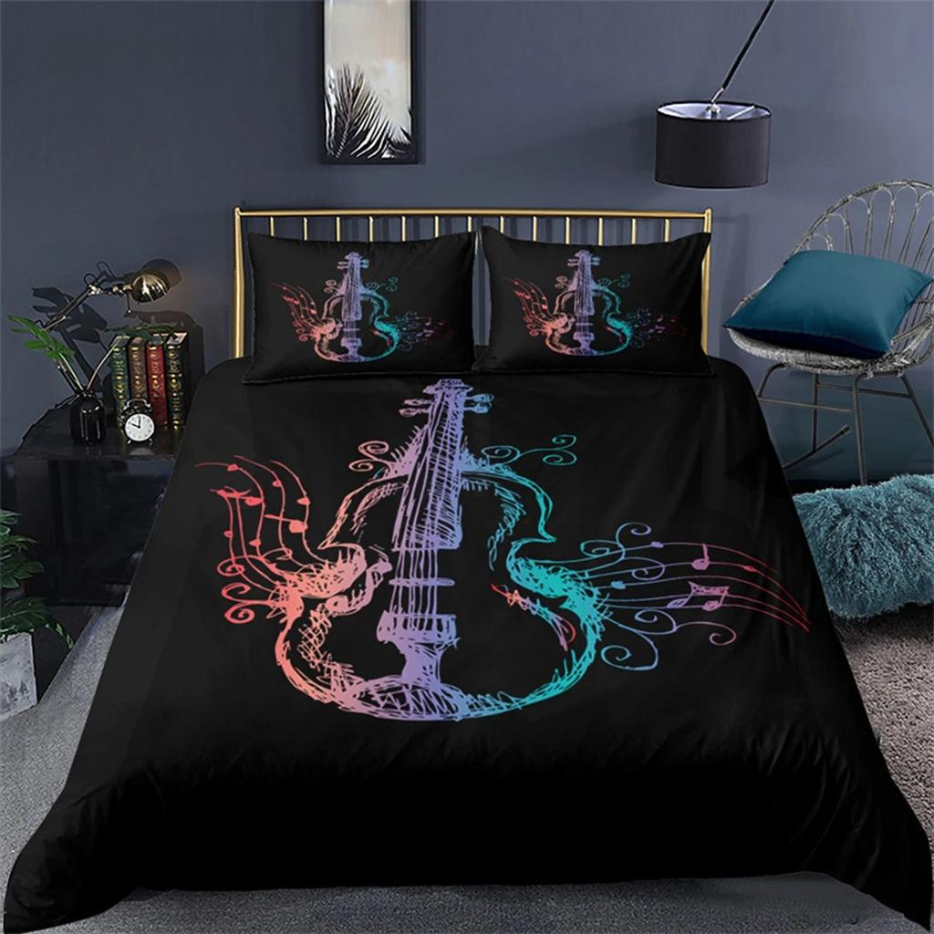 Vintage Guitar Duvet Cover Set Music Theme 2/3Pcs Bedding Set For Kids Teens Adult Microfiber Print Comforter Cover Pillowcase