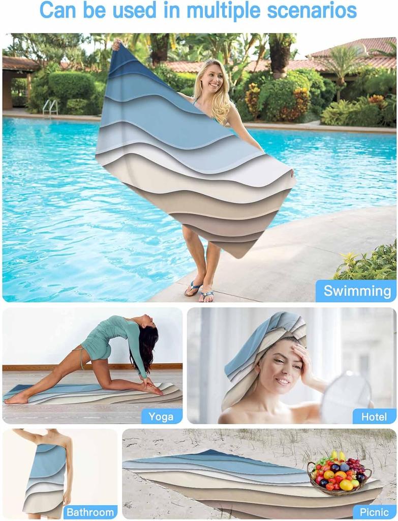 Beach Towel Blue Brown Modern Geometric Bath Pool Towels Ombre Blue Abstract Soft Absorbent Beach Towels Large Quick Dry