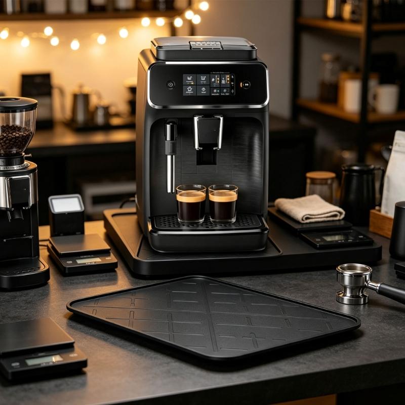 Coffee Bar Drying Pad in Silicone with a Raised Perimeter, Crosshatch Grip Texture, and Grooves for Beverage Station Spills and Routine Care