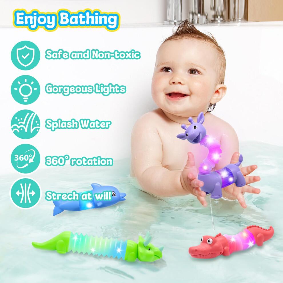 DELEE Bath Toys 4Packs Animal Shaped Pop Tubes Baby Bath Toys with LED Lights Floating Swimming Water Toys,Perfect for Bath Time Fun,Travel,Pool